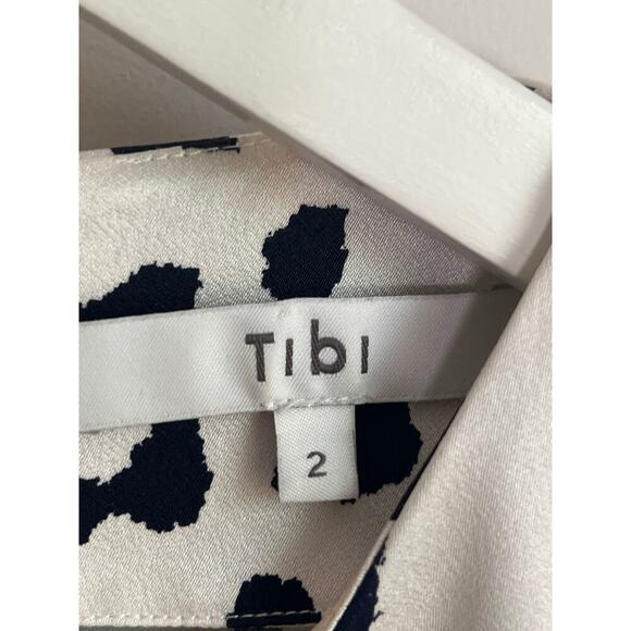 Tibi 100% Silk Leopard Print Ruched Sleeve Blouse Top White/Navy Women's Size 2 - Picture 6 of 9
